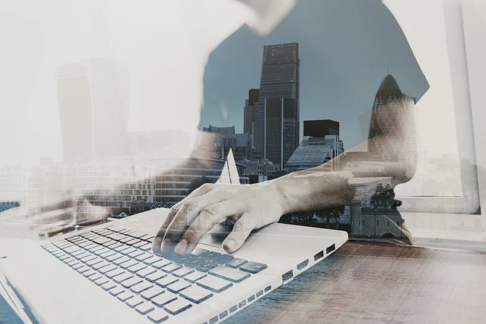 Double exposure of businessman working with new modern computer-1