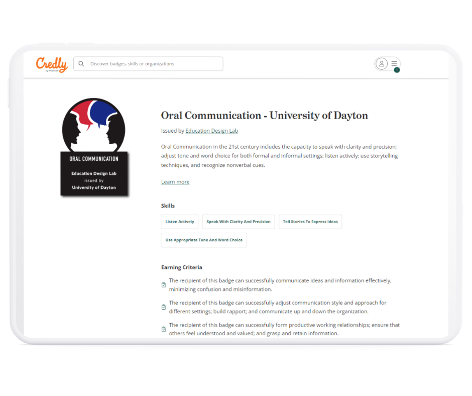 Example of co-branded digital badge - Oral Communication - University of Dayton
